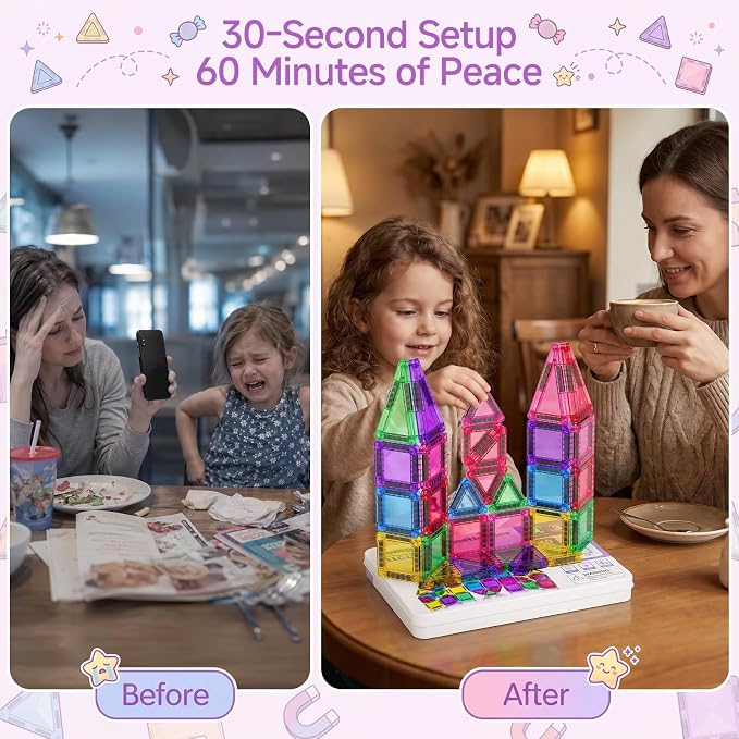 Magnetic Tiles for Kids Travel: 40pcs Portable Mini Building Toy - 30-Sec Iron Case Opens Into 10.6-Inch Play Board - STEM Gift for Toddlers Ages 3-6 - Airplane Road Trip Restaurant