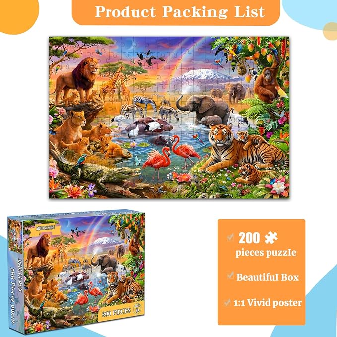 Puzzles for Kids Ages 6-8 8-10 Year Old - Animal World, 200 Pieces Jigsaw Puzzles for Kids, Learning Educational Toys for Boys and Girls