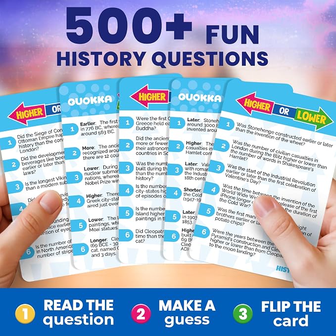 QUOKKA History Board Games for Kids and Adults – Family Board Games for Family Game Night – Higher or Lower Trivia Cards for Kids 8-12 – Guess Fun Questions – Educational Card Game for Families&Teens