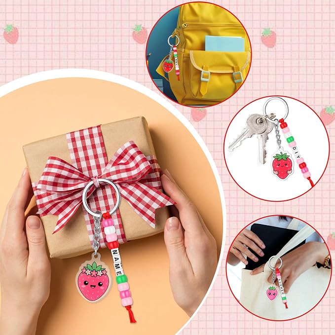 Suncalla 996 Pcs 24 Set Strawberry Keychain Making Kit DIY Summer Key Chain Crafts Bead Adjustable Letter Beads Cards Strings Kit Gift Backpack Accessories First Birthday Party Favors