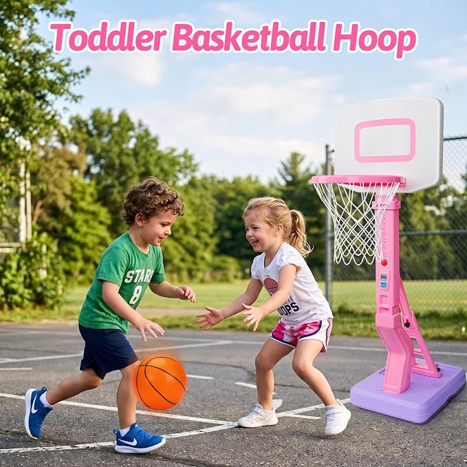 Basytodio Toddler Pink Basketball Hoop Indoor for Age 1-3, Adjustable Kids Basketball Hoop Goal, Mini Pool Outdoor Basketball Hoop with 3 Balls, Toddler Toys Age 1 2 3 4 Year Old Girls Birthday