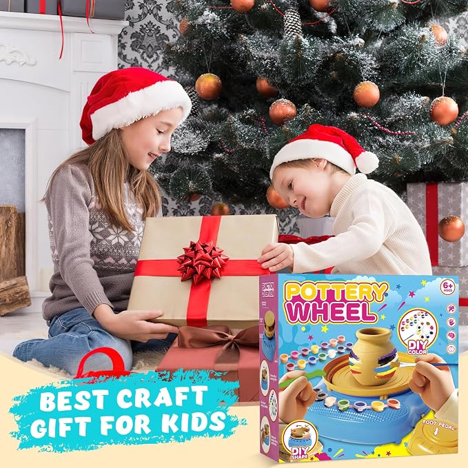 Pottery Wheel for Kids with Complete Clay Kit,Beginner Pottery Painting Set with Air Dry Clay,12 Paints,Sculpting Tools,Apron and Guide,Arts and Crafts Christmas Birthday Gift for Girls Boys Ages 6-12