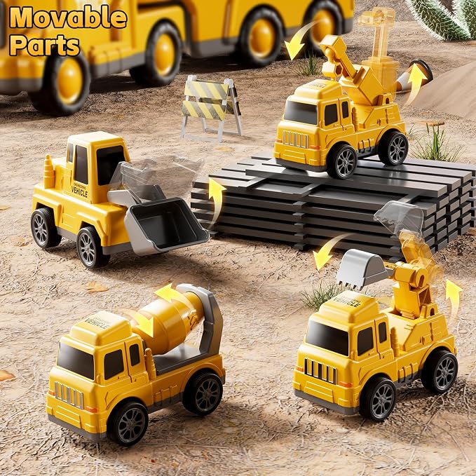 Construction Trucks Toys for 3 4 5 Years Old Boys - 5-in-1 Carrier Transport Vehicle Truck for Toddlers 3-4 Years with Crane, Mixer, Pushdozer and Excavator, Car Toys Birthdays Gift