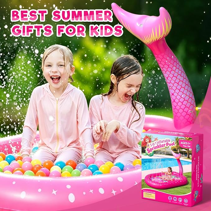Splash Pad for Toddlers 1-3, Mermaid Inflatable Sprinkler for Kids, 3 in 1 Baby Splash Pads Kids Pool Outdoor Play Mat, Backyard Summer Water Toys Birthday Gift for 1+ Year Old Girls Kids