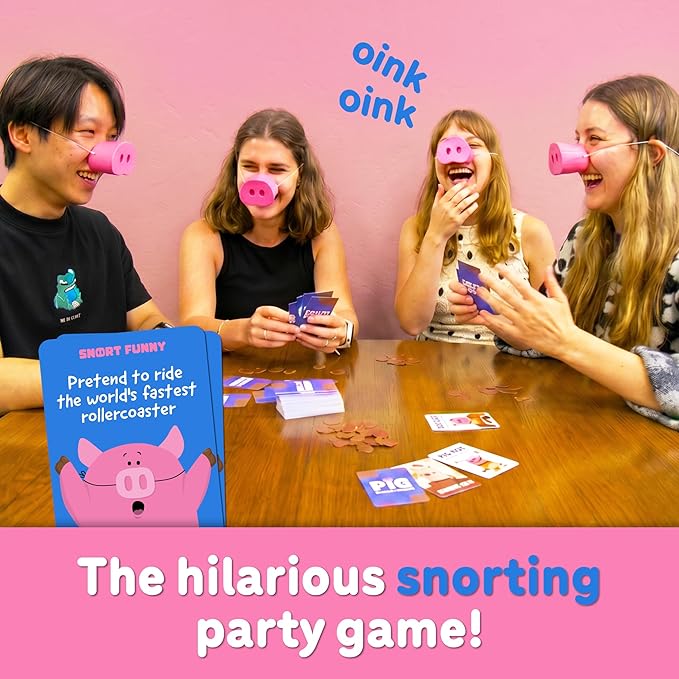 Snort Funny – The Oinkredible You Laugh You Lose Party Game, Family Games for Kids and Adults w/ 150 Challenge Cards, 5 Pig Snouts & Mud Tokens, Funny Games for Friend & Family, 4-8 Players, Ages 8+