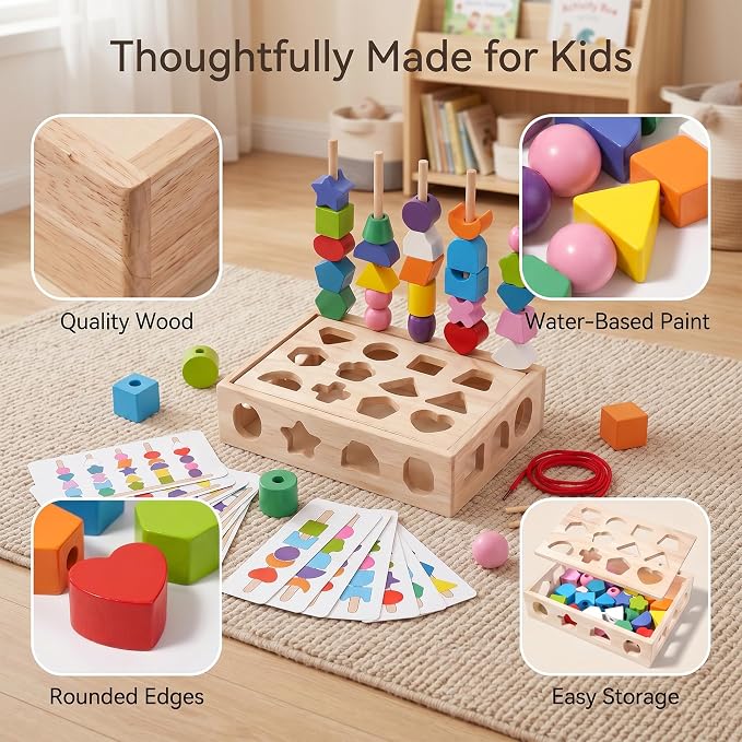 4 in 1 Montessori Wooden Shape Sorter Toy, Color Sorting Stacking Sequencing and Lacing Beads with Pattern Cards, Fine Motor Skills Learning Toy for Toddlers Preschool Boys Girls