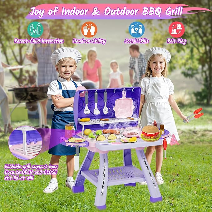 Kids BBQ Grill Playset with Sound Light&Realistic Smoke, Toddler Kitchen Barbecue Toy Game, Outdoor Backyard Pretend Play Grill for Girls Boys, Play Food Cooking Set, Christmas Birthday Gift for 3-5