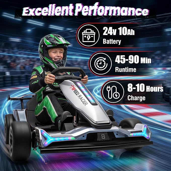 24V Electric Go Kart, Kids Drift Kart with Dual 400W Motors, Length Adjustable Seat, 8.2 MPH Max, 130LBS Max Load, Outdoor Ride on Toy Crazy Kart w/Bluetooth Music, Rainbow Light