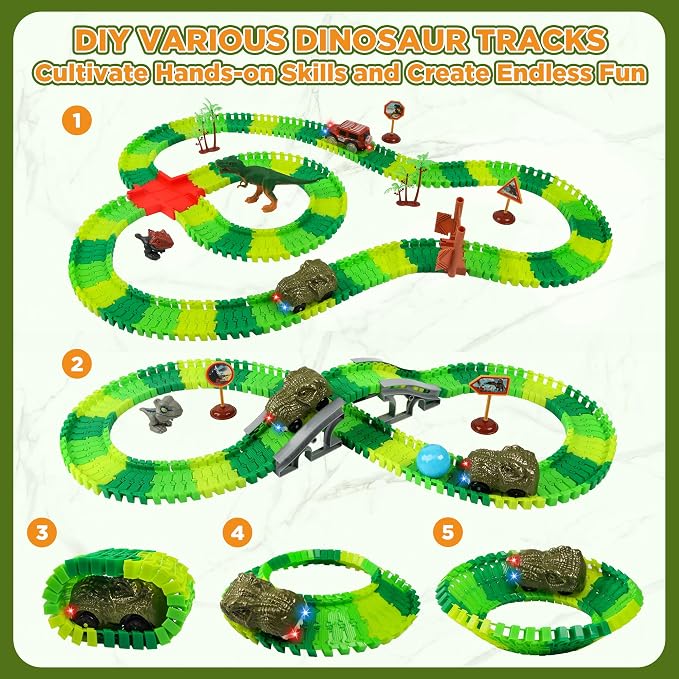 Dinosaur Track Race Car Toys - Birthday Toys Gifts for 3 4 5 6 7 Year Old Boys Girls - Flexible Dinosaur Track Car Set with Light - Create a Dinosaur Adventure World