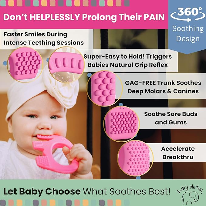 Baby Elefun Baby Teething Toys 5X Pain Relief Zero Delay 6-12 Months Pink