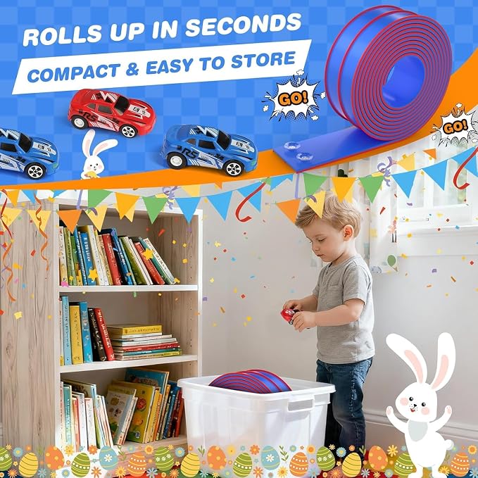 15 Ft Flexible Race Track for Kids, DIY Car Track Set with 2 Toy Cars & 3 Suction Cup Ramps, Easter Basket Stuffers for Teens & Boys Girls, Creative Easter Gifts for Kids, Blue & Red