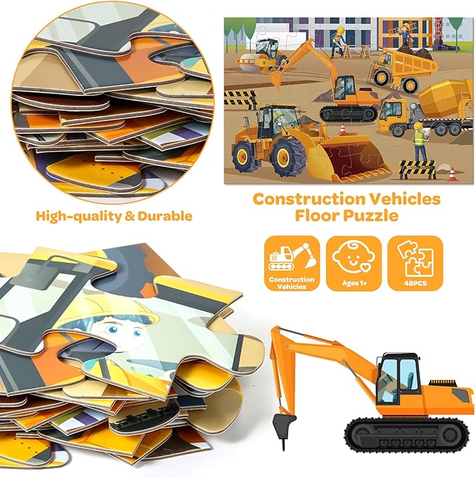 Jumbo Floor Puzzle for Kids, 48 Piece Large Construction Vehicle Jigsaw Puzzles for 3 4 5, Toddler Learning Preschool Educational Toys for 4-8, Birthday for Boys Girls