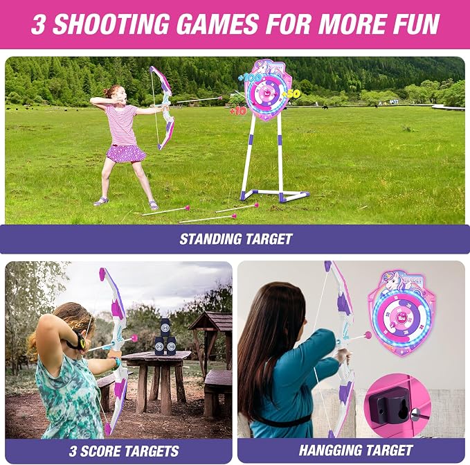HYES 2 Pack Bow and Arrow for Kids, LED Light Up Unicorn Archery Set with 24 Suction Cup Arrows, 1 Standing Glow Target, 6 Score Targets & 2 Quivers, Indoor Outdoor Sport Toys for Girls Ages 4-12