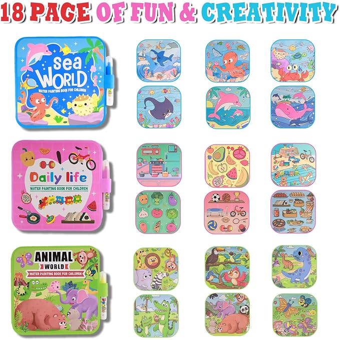 YECHISY Reusable Water Painting Books for Kids: 3 Pack Mess-Free Magic Water Coloring Books - Paint with Water Books, No Mess Coloring Travel Activity Toys for Toddlers Ages 3+