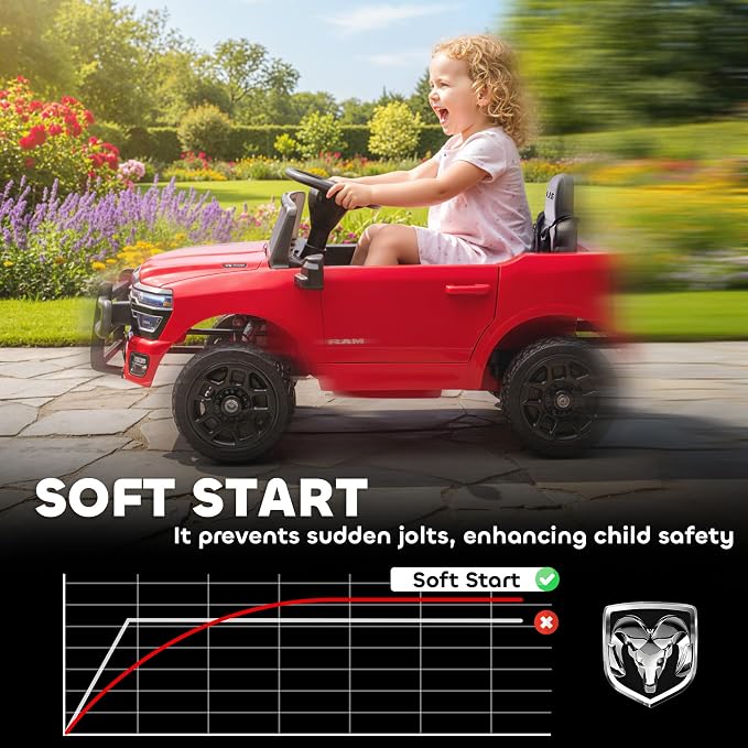 Qaba 12V Kids Ride on Car, Licensed Dodge RAM 3500 Electric Car for Kids with Dual Motors, Parent Remote Control, Rear Suspension, Power Display, Bluetooth Music and LED Lights, Red