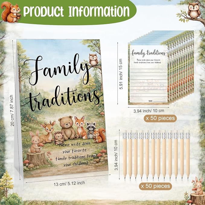 Fumete 61 Pieces Family Tradition Baby Shower Games Include 1 Family Traditions Standing Sign and 50 Activities Cards with 10 Pencils for Gender Reveal Bridal Shower Wedding(Green,Woodland)