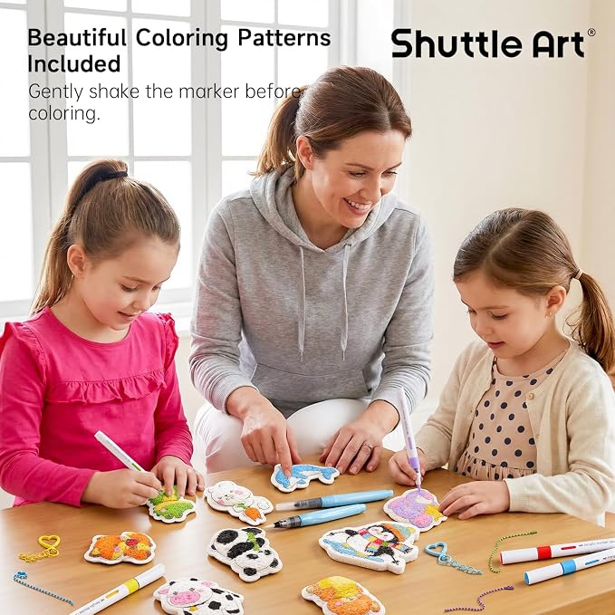 Shuttle Art 63 Pcs Magic Foam Texture Painting Kit Animal Series: 15 Animal Foam Pieces, Coloring Book with 15 Scenes, 12 Acrylic Paint Markers, Magical 3D Effect DIY Art Craft