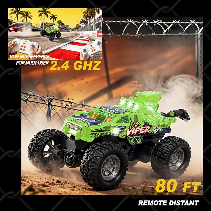 BEZGAR Monster Truck Toys - 2.4GHz 1:64 Remote Control Car with Colorful Lights, 360° Spins, Metal Shell - Remote Control Monster Truck for Boys Girls Age 6, 7, 8, 9, 10 Years Old(Green)