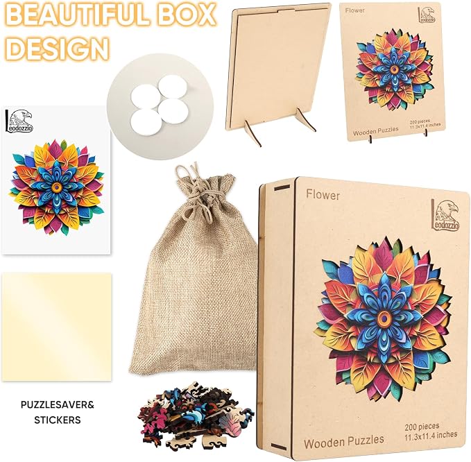 Leodozzio Puzzles for Adults 200 Pieces, Color Flower Wooden Jigsaw Puzzles, 5MM Thick Unique Plants Shaped Wooden Puzzle, Birthday Gift Family Game, 11.3x11.4 Inch