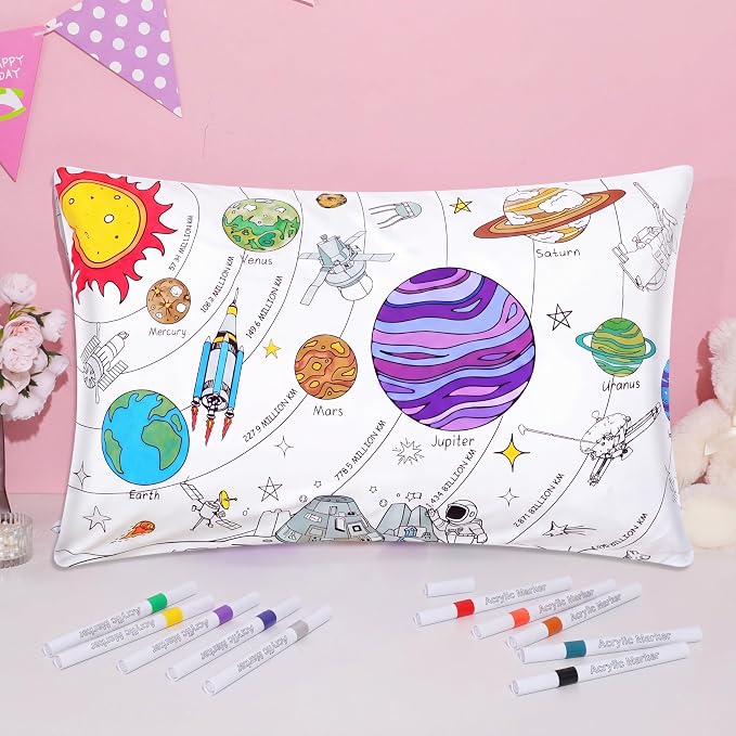 Mindsoft Coloring Craft Coloring Pillowcase Space Pillowcase with 12 Pcs Markers Pens for Decoration Supplies Craft, 28.7 x 19.7 Inch