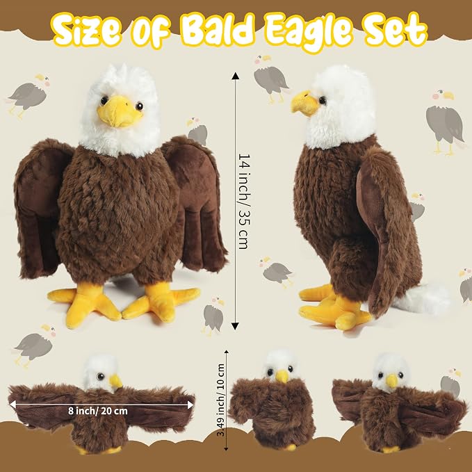 4 Pcs Bald Eagle Stuffed Animal Set 14 Inch Mommy Stuffed Eagle Plush Toy with 3 Babies, Zipper Bald Eagle Toy with Baby Eagles Plushies for Kids Boys Girls Birthday Christmas Birders Zoo Plush Gifts