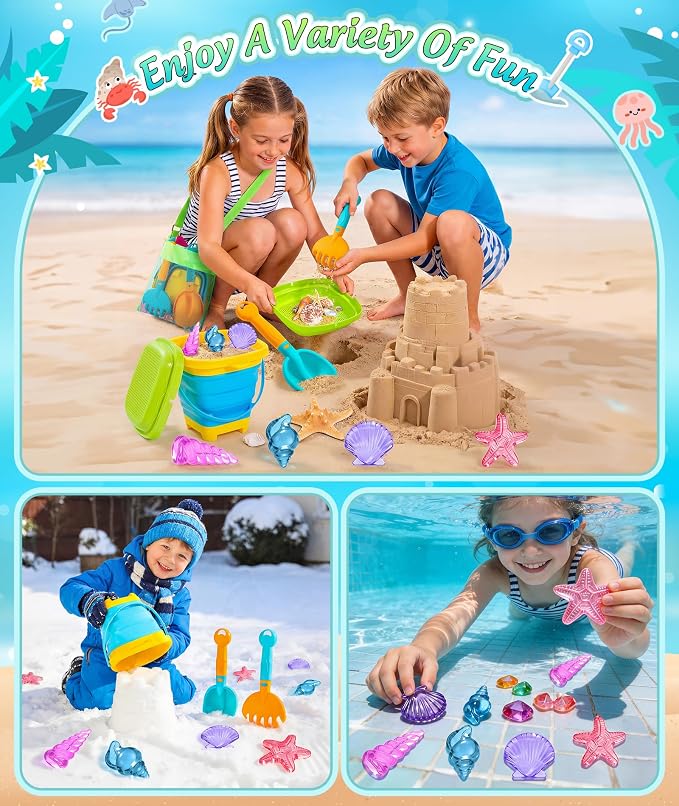 DUDUCOFU Collapsible Beach Sand Toys for Kids Toddlers, Collapsible Sand Buckets Sifter and Shovels Rake Diving Gem Pool Toy Set with Mesh Bag, Travel Beach Vacation Essentials Toys for Boys Girls