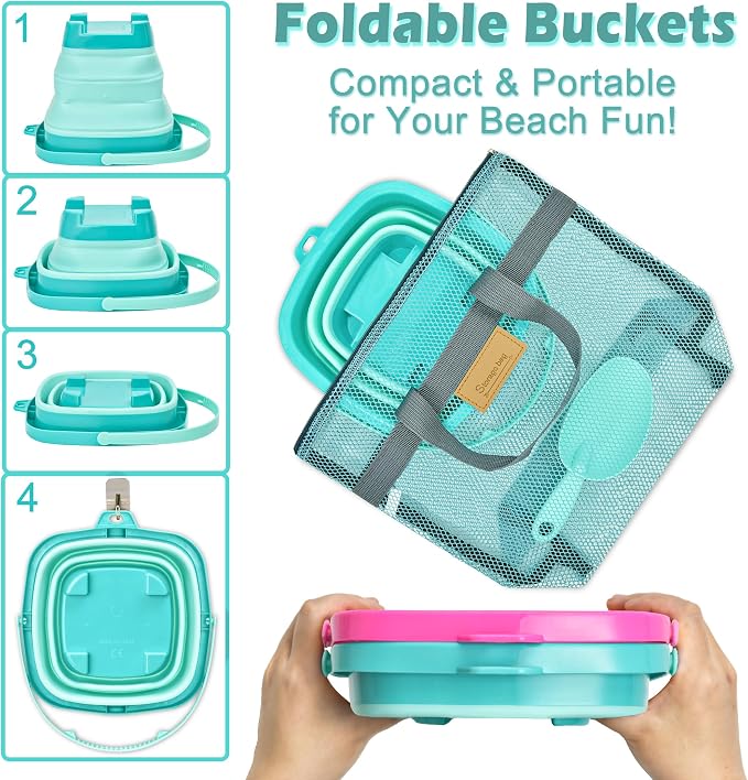 Collapsible Beach Sand Toys for Kids - Travel Beach Toys with 2 Collapsible Beach Buckets, Mesh Bags, Animal Sand Molds, Sand Bucket Shovel Set Sandbox Toy for Toddlers Kids
