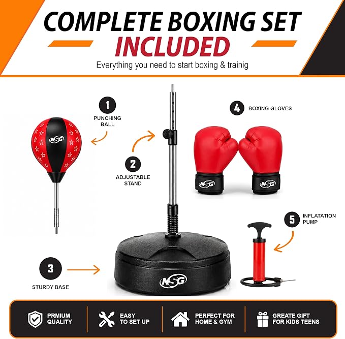 NSG Punching Bag for Kids & Boxing Gloves Set - Adjustable Freestanding Speed Bag with Spring-Loaded Stand, Junior Boxing Gloves & Hand Pump - Portable, Easy Assembly for Boys, Teens, Toddlers Ages 4+