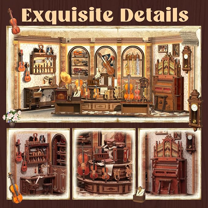 CUTEFUN Book Nook Kit - Musical Instrument Store Dollhouse Bookshelf Decor, 3D Wooden Puzzle Tiny House Miniature Model Building Kits, DIY Crafts Gifts for Adults Teens & Book Lovers (Bach Strings)
