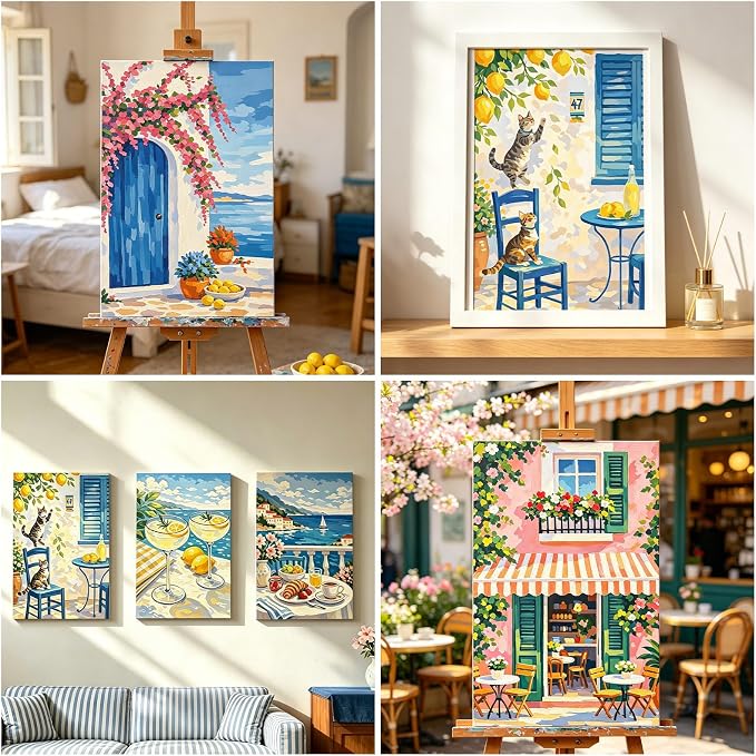 FLUXOJOY 6 Pack Painting by Number Kits for Adult, DIY Canvas Color Painting Kit for Kids or Beginner with Paint Brushes Acrylic Pigment Drawing Paintwork 20x30cm Without Frame (Mediterranean-6 Pack)