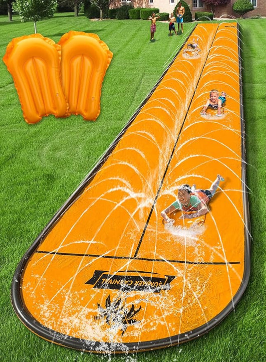 Spring Water Slip and Water Slide, 32ft *2 Lanes Slip Water Slides for Kids Backyards Ages 5-8 8-12 with Sprinkler and Inflatable Bodyboards, Summer Water Fun Toy for Outdoor Lawn Games Play