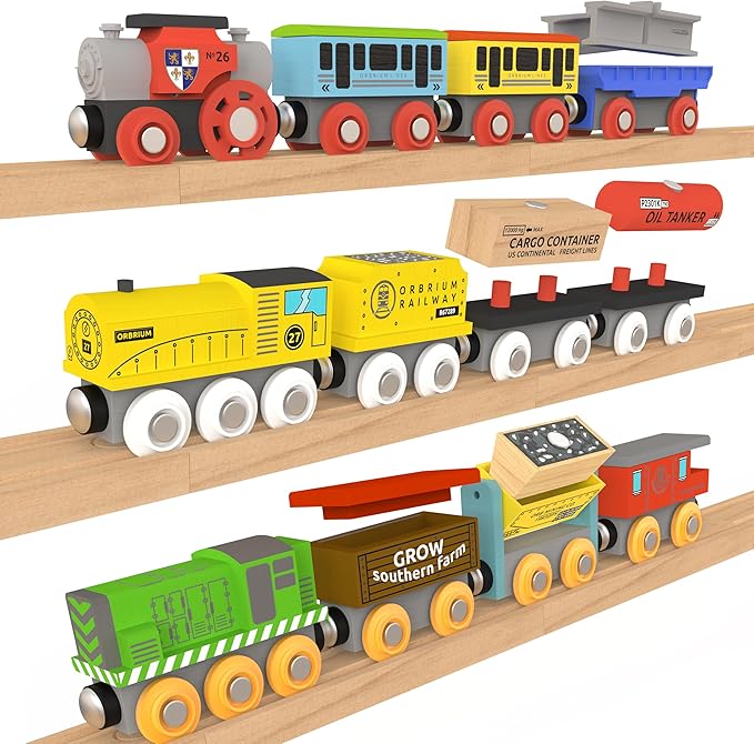 Wooden Train Set 12 PCS Magnetic Toy Train Cars with Storage Box Cover Tunnel Compatible with Thomas Brio Melissa and Doug Wooden Railway Toys for Grandkids Kids Toddlers Boys Girls