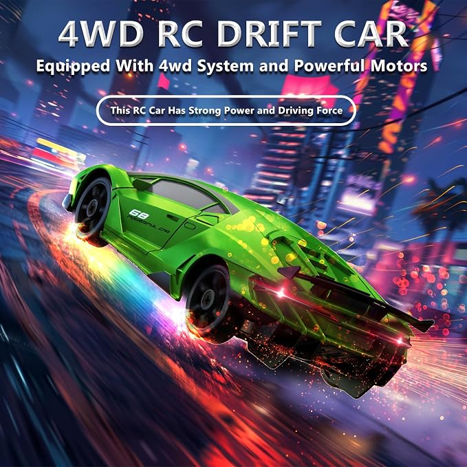 Remote Control Car RC Drift Car 2.4GHz 1:24 4WD 15KM/H High Speed Racing Sport Car with LED Lights Drifting Tire Racing Sport Toy for Adults Boys Girls Kids Gift 2Pcs Rechargeable Batteries