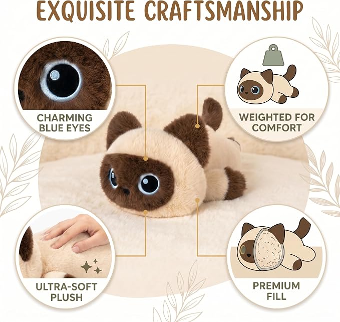Weighted Cat Stuffed Animal, 12-Inch, 1.2 lbs Siamese Cat Plush, Cuddly Soft Plushie Pillow Gift for Kids & Adults
