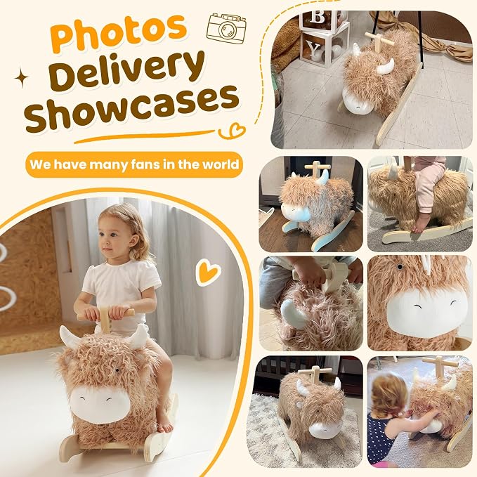 Baby Rocking Horse for 1 Year Old,Wooden Cow Animal Rocker Ride-on Toy Plush Wooden Rocking Toy for Nursery Playroom Indoor Wooden Rocking Horse Balance Seat with Handles Birthday Party Shower Gift