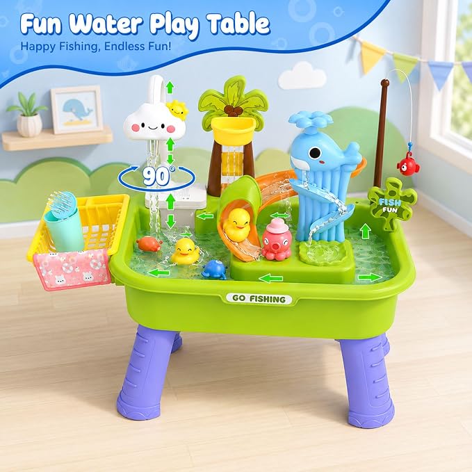 2026 Upgraded Water Table for Toddlers 1-3, Kids Sand Water Table Toy with Electric Water Pump, Kids Sand Water with Faucet/Play Food Accessories/Fishing Toy, Kitchen Play Sink Toy (Green)