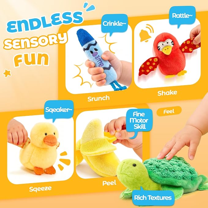 JoyCat Montessori Baby Toys 6-12 Months, 12 PCS Sensory Color Sorting Boxes with Animal Fruit Crinkle Crayon Pushies, First Learning Toys for 1 Year Old Baby Toys 0-12 Months