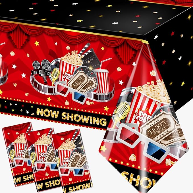 Movie Night Tablecloth,Movie Theme Hollywood Party Decoration 3Pcs Vintage Now Showing Popcorn Tablecloth Drive In Movie Party Table Cover for Movie Theater Party Favors ,Movie Star Birthday Supplies