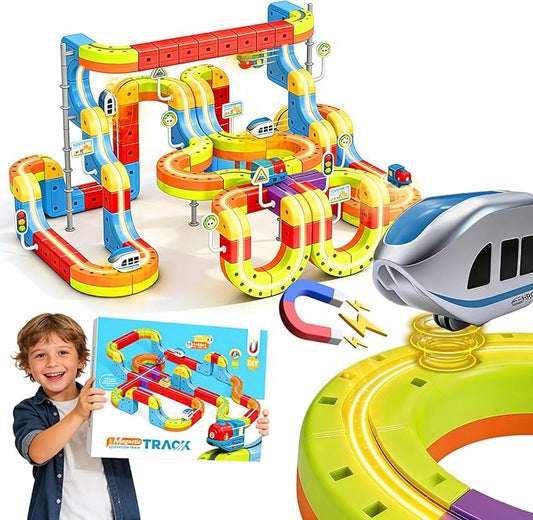 Electric Magnetic Train Toys Set- Flexible Race Track for Kids 3 4 5 6 7 8,stem Gravity Magnetic Roller Car Track for Toddlers,3D Infinity Cube Track Learning Gift Anti-Gravity Design,141 Pcs/2 car