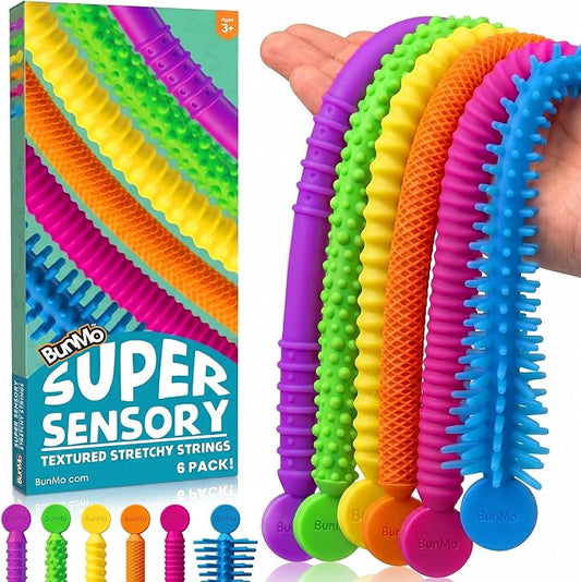 BUNMO Stretchy Strings - Stimulating & Fun Fidget Toys for Kids - Hours of Fun - Non-Mouthable Toy 3+ - Super Sensory 6 Pack