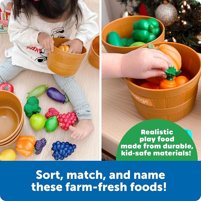 Learning Resources Farmer's Market Color Sorting Set - Pretend Play Food Sets for Kids Kitchen, Color Sorting Toys, Plastic Fruit and Vegetable Toy for Kids Kitchen Set, Play Food for Toddlers 1-3