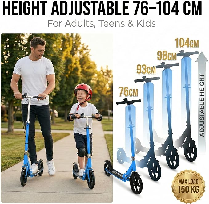 Non-Electric Scooters for Kids 8-12, Teens & Adults - Foldable Commuter Scooter with 8" Wheels, Bell, Hand Brake & Adjustable Height 30"-40.5", 220LB Capacity, Manual Push Scooter for Campus & Park