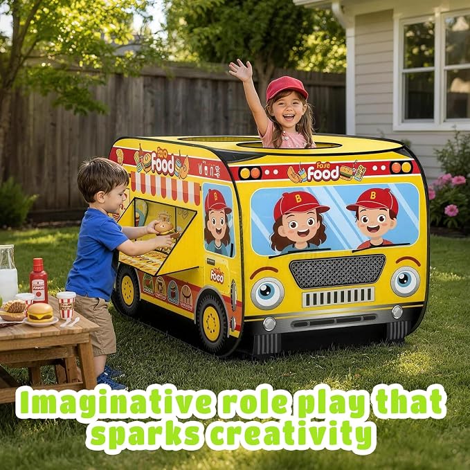 Pop Up Play Tent for Kids, Foldable Playhouse for Aged 3-5 Years Old Boys and Girls, Fast Food Truck, Hamburger Hot Dog Cart Indoor Outdoor Toy Tents for 4 5 6 3+ Kids Toddlers