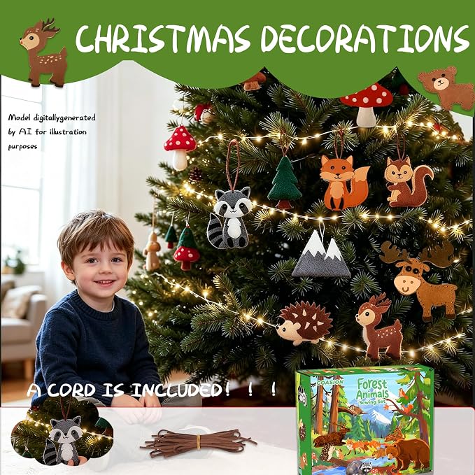 GOASION Sewing Kit for Kids, Woodland Animals Kids Sewing Kit, Pre Punched Design for DIY Hanging Decorations, Sewing Tit for Beginners Age 8-12, Boys & Girls Birthday Gift