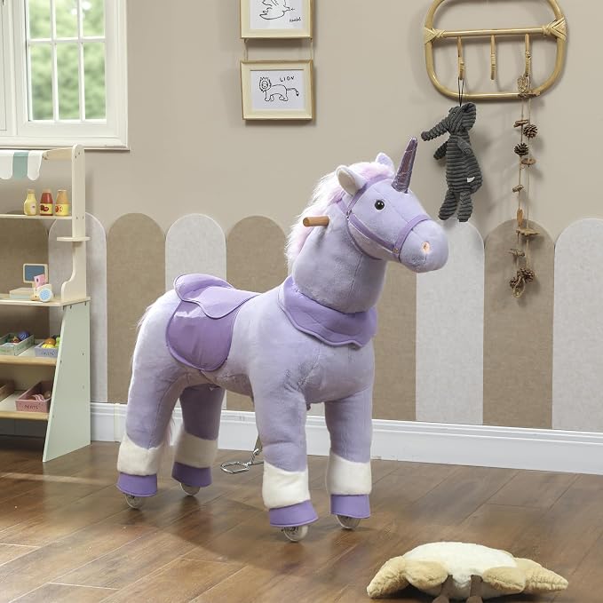 Qaba Ride on Horse for Kids 4-7 Years, 37.8 Inch Height Plush Riding Unicorn, Walking Horse Animal with Rolling Wheels for Active Play, No Batteries Required, Purple
