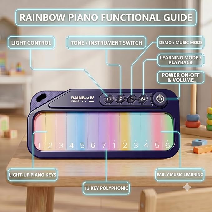 Kids Piano Keyboard Toy for Toddlers Age 3-6, Light Up Musical Learning Toy with LED Screen, Interactive Dual Style Retro & Rainbow Backlit Keyboard, Educational Music Toy, Birthday Gift for Kids