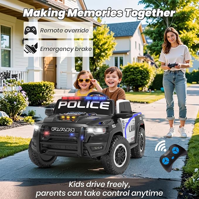 24V Ride On Police Car for Kids, Licensed RAM 1500 2 Seater Electric Police Truck with Remote Control, Siren, Megaphone, Flashing Lights, 180W Motor, Suspension, Bluetooth, Storage Bed, Black