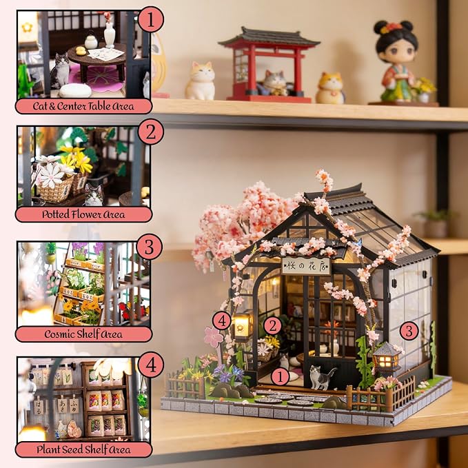 MINORIA Sakura Greenhouse DIY - Miniature House Building Kit-3D Wooden Cherry Blossom Dollhouse with Acrylic Dust Cover - LED Light