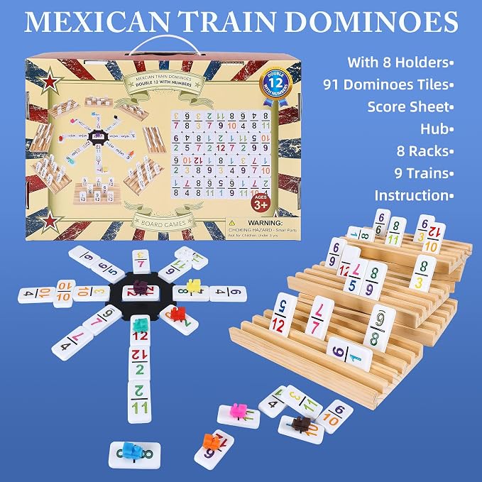 Mexican Train Dominoes Set Double 12 with Numbers, Dominoes Set for Adults and Family, Mexican Train Double 12 Numbers Dominos Set - 91 Tiles, 9 Trains, 8PCS Wooden Holders, Hub, Instruction