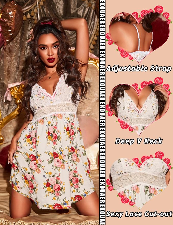 Ekouaer Lingerie for Women Sexy Nightgown Lace Trim Sleep Dress Chemise Nightgowns Sleeveless Night Gown Sleepwear S-3XL